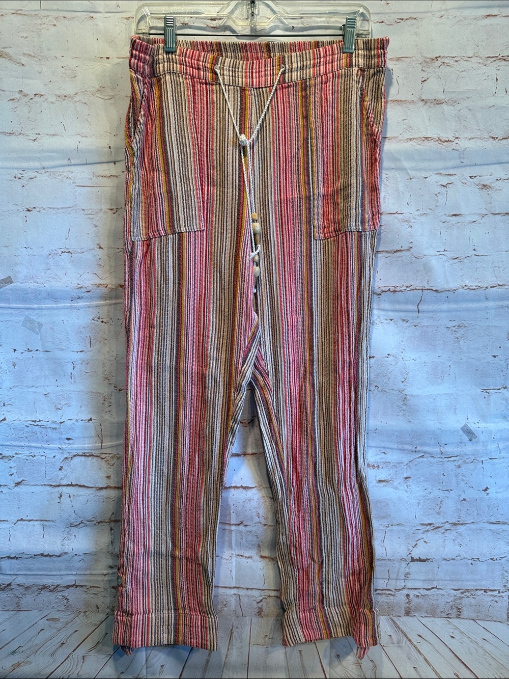 Sundance Pink Tan Stripe elastic Waist Bakari Beachy Pants Roll Tab Hem S pocket